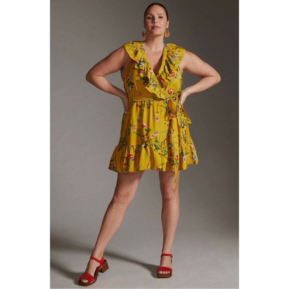 Anthropologie Yellow Floral Ruffle Mini Dress